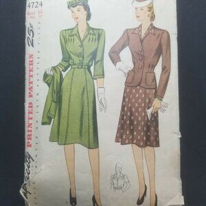 HTF 1943 Simplicity Sewing Pattern #4724 WWII Era Dress Jacket Size 16 Misses